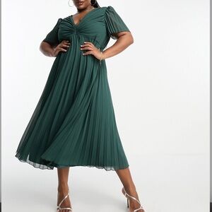 ASOS Curve Green Pleated Midi Dress